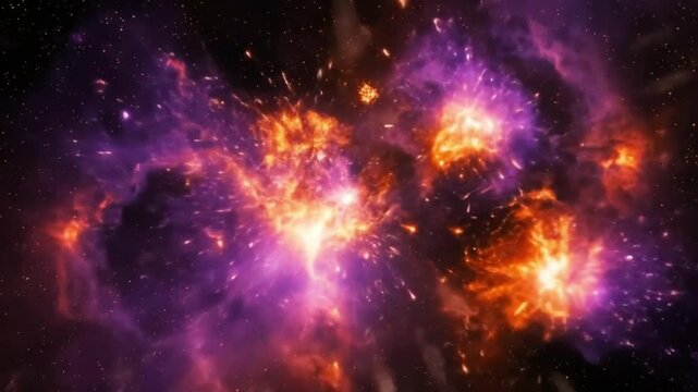A vivid depiction of a cosmic supernova explosion in deep space. Vibrant purple and orange bursts radiate luminous trails, illuminating a field of stars. A dynamic and high-contrast celestial phenomen