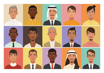 Vibrant flat vector illustration showcasing a diverse group of people from around the world. Colorful portraits representing global unity and cultural richness