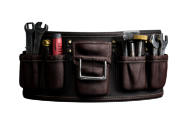 Leather tool belt with various tools on transparent background
