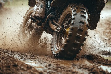Muddy bike tire splashing through wet terrain off-road