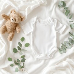 Minimalist Baby Bodysuit Mockup Flat Lay with Teddy Bear and Eucalyptus on Soft White Blanket Overhead Neutral