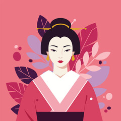 Adobe Illustrator Artwork Elegant flat vector illustration of a Japanese woman in a traditional kimono. Vibrant colors and stylized design evoke Japanese beauty and culture