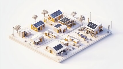 High-detail 3D visualization of a decentralized solar microgrid connecting rural homes - realistic isometric layout, solar panels, underground cables, smart meters, white background