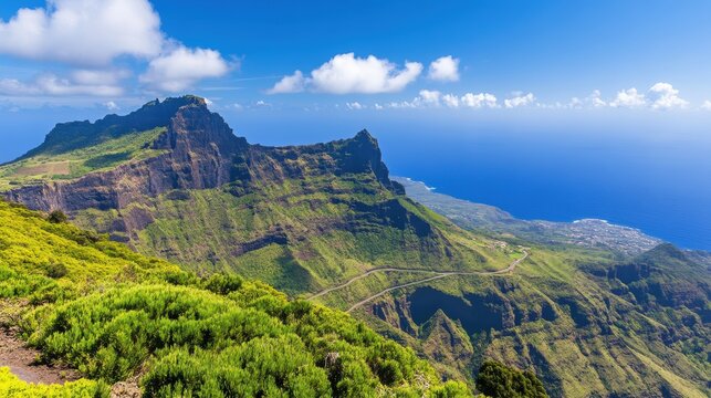 Dramatic mountain landscape view of Pico da Vara in Azores Portugal with winding road and blue ocean from high angle