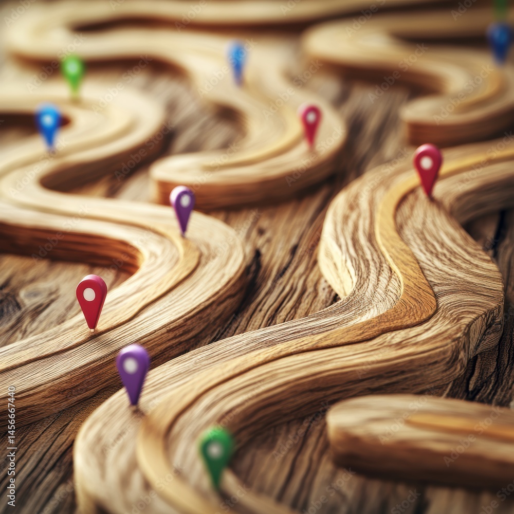 Poster Wooden path with colorful location pins on textured wood surface overhead view concept navigation route