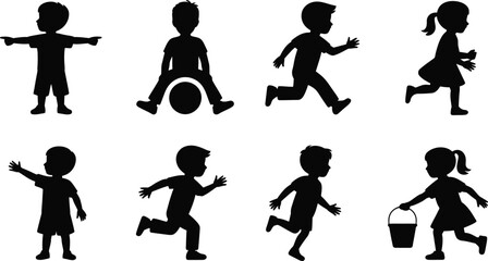 Children Cartoon Silhouettes: Happy Kids Vector Pack