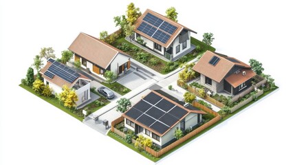 High-detail 3D visualization of a decentralized solar microgrid connecting rural homes - realistic isometric layout, solar panels, underground cables, smart meters, white background