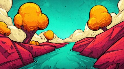 Colorful abstract landscape with bright orange trees, red rocks, turquoise river, and a vivid sky in a cartoon style.
