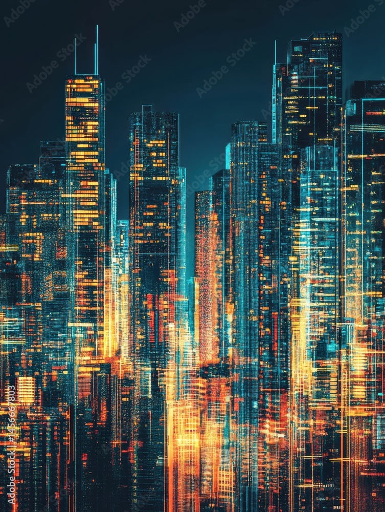 Poster Abstract cityscape view at night with illuminated skyscrapers and modern architecture in urban downtown district