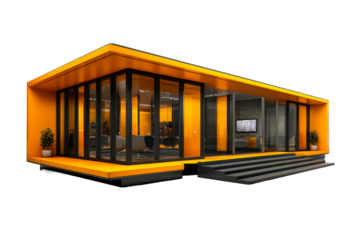 Modern orange building with large windows and steps leading up