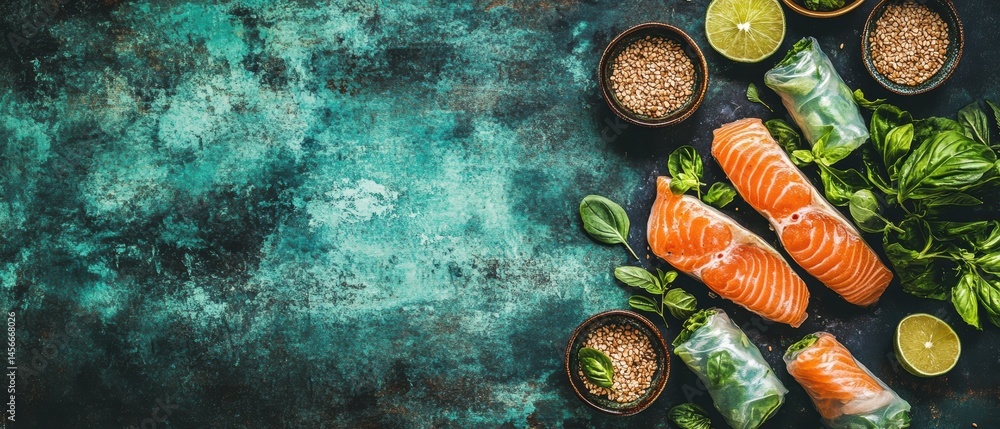 Poster fresh salmon fillets and spring rolls with lime and basil on a textured blue background