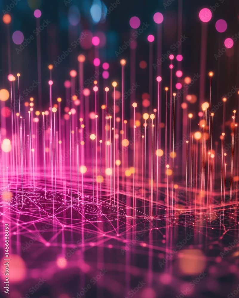 Poster Abstract Network Visualization with Pink and Orange Lights Glowing on Dark Background Connectivity Concept