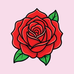 A Vibrant Red Rose Illustration with Lush Green Leaves Botanical Art Design