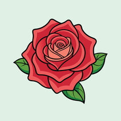 Fototapeta premium Vintage red rose illustration with green leaves, classic floral vector art, romantic blooming rose flower head for wedding and greeting card design