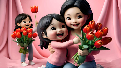 Mother and Daughters with Flowers