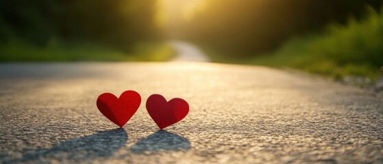 Fototapeta premium Two Red Hearts on Asphalt Road at Sunset Symbolizing Love Connection and Romantic Journey in Golden Light