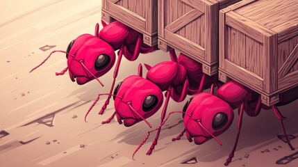 Three red ants carry large wooden crates, showcasing teamwork and strength in a whimsical, cartoon style.