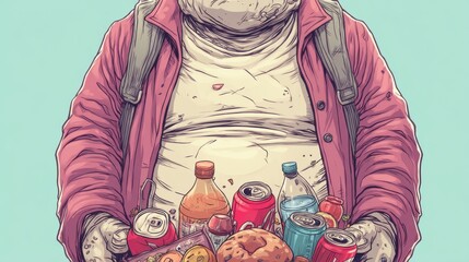 Obese person holding junk food and sugary drinks, wearing a pink jacket, symbolizing unhealthy eating habits and obesity, cartoon style on a light background.