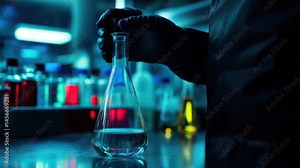Poster lab technician handling flask in chemistry lab