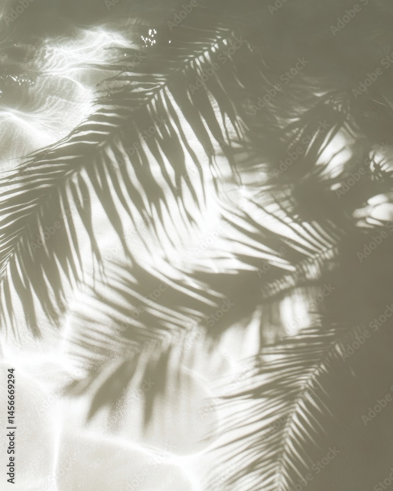 Poster palm frond shadow cast on a white surface with water reflections creating a minimalist abstract scen