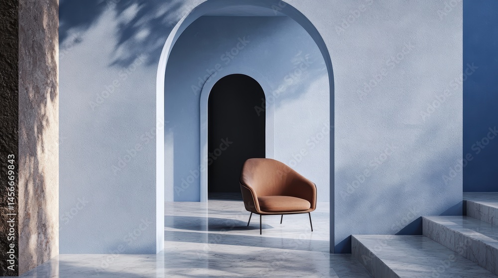 Poster modern interior with arches and chair in minimalist style architecture with natural light and shadow
