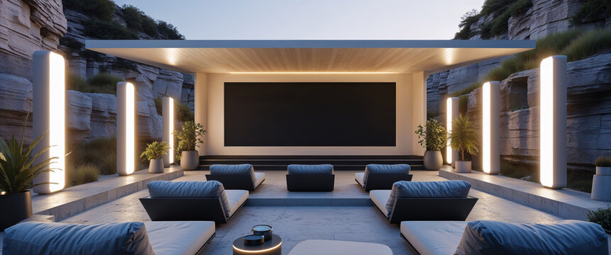 Luxury outdoor home theater with modern design and ambient lighting under the night sky