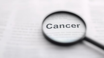 Magnifying glass focusing on the word cancer on printed text to illustrate important health topics.