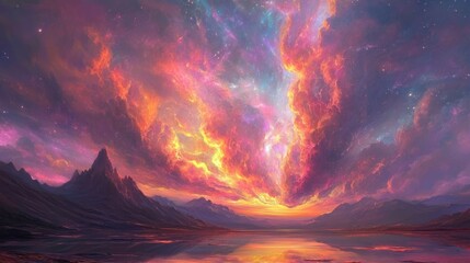 Celestial mountain landscape at fiery sunset
