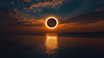 A breathtaking annular solar eclipse over a calm lake at sunset.  A dramatic ring of fire surrounds the moon, casting a warm glow over the tranquil water