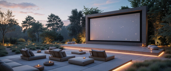Luxury outdoor movie theater screen evening entertainment with comfortable loungers and candles