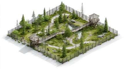 High-detail 3D visualization of a rewilding project zone with fence perimeters, observation decks, and natural zones. White background.