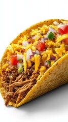 Delicious Pulled Pork Taco with Shredded Cheese and Fresh Toppings Close Up Studio Shot