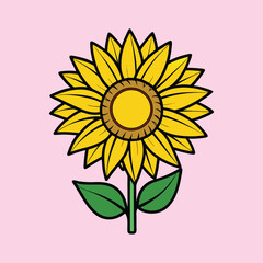 A Vibrant Sunflower Illustration with Detailed Petals and Leaves on a Pink Background