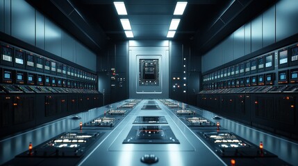 Futuristic control room with glowing screens and panels