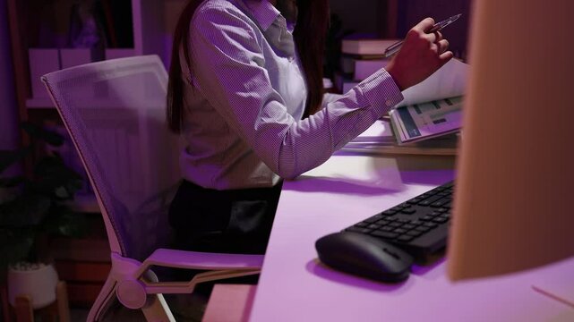 a businesswoman works late into the night because she has to deal with important contract documents that ned to be presented tomorrow, one of the employees worked overtime