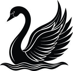 Elegant Black Swan Silhouette with Curved Neck and Outstretched Wings on Water
