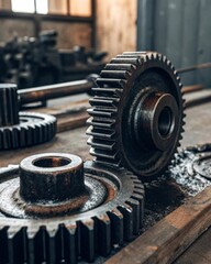 Intricate gears in motion mechanical workshop close-up photography industrial environment high-detail texture of dark grease
