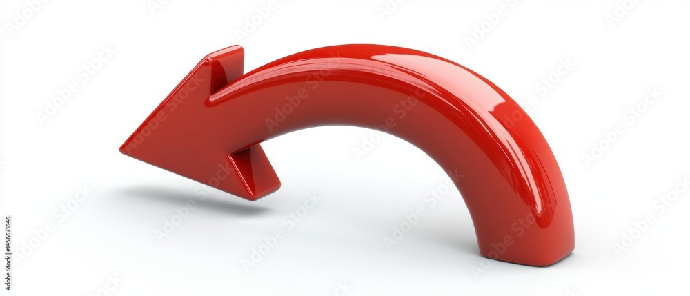 Poster Glossy Red Arrow Curving Backwards on White Background Studio Shot Directional Signage Navigation Symbol