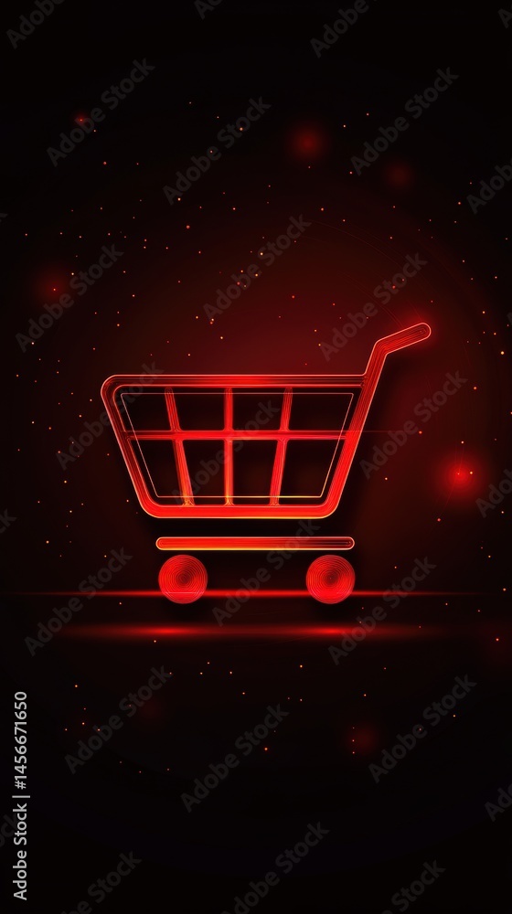 Poster glowing red shopping cart icon on dark background with sparkling particles for online retail