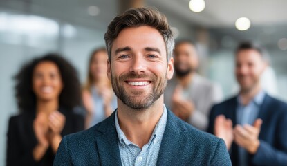 Obraz premium Confident Man Smiling Amidst Applauding Colleagues in Office Setting