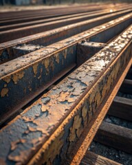 Closeup of rusted steel beams in an abandoned industrial site high detail macro shot capturing peeling paint and grime