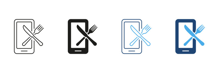 Mobile App For And Diet Tracking Line and Silhouette Icon Set. Fork And Knife Icon with Smartphone For Wellness And Fitness Apps. Healthy Food and Nutrition. Isolated Vector Illustration