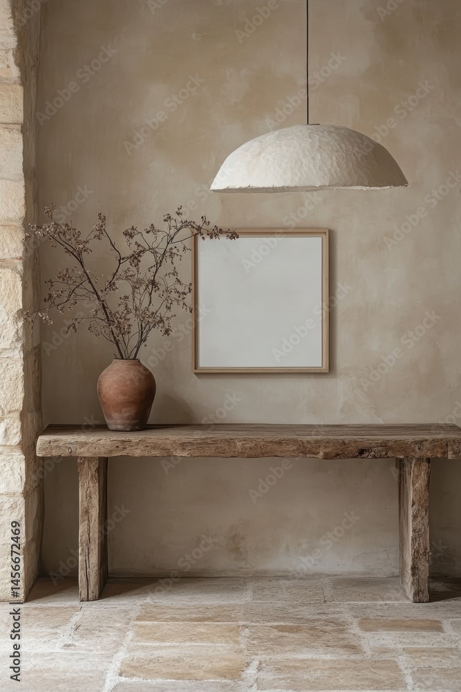 Poster Rustic interior with wooden console table, vase with dried branches, frame and paper lamp in a neutral color palette