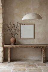 Rustic interior with wooden console table, vase with dried branches, frame and paper lamp in a neutral color palette