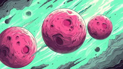 Pink alien planets with craters floating in a vibrant turquoise cosmic space with asteroids and glowing stars, digital style.