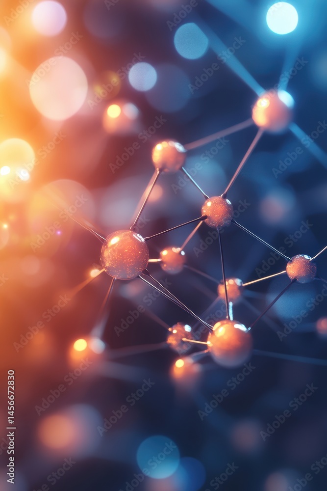 Poster Abstract Molecular Structure Close-Up Shot with Orange and Blue Bokeh Background for Science and Technology Concepts
