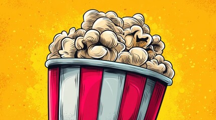 Popcorn bucket with buttery kernels on a vibrant yellow background. Cartoon style, close-up view.
