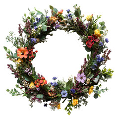 A Handcrafted Wreath with Seasonal Flowers Isolated on Transparent Background