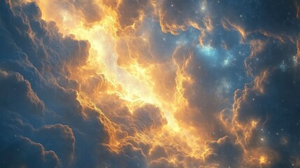 Celestial clouds blaze through the cosmos, with vibrant colors and patterns.  Fiery clouds interweave with darker cosmic nebulae, creating a surreal, otherworldly scene