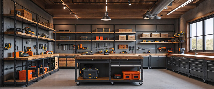 Modern well equipped workshop with tools on display and a large workbench in a studio